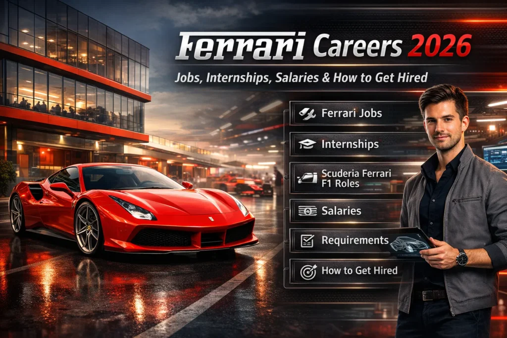 Ferrari careers infographic showing Ferrari jobs, internships, F1 roles, salaries, and hiring tips for 2026