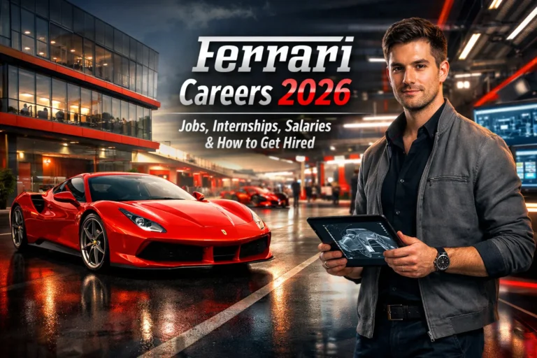 Ferrari careers infographic showing Ferrari jobs, internships, F1 roles, salaries, and hiring tips for 2026