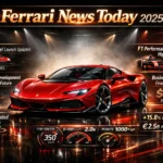 Ferrari News Today 2025 infographic showing latest Ferrari model launches, electric vehicle updates, F1 performance news, business growth updates, and luxury car innovations in a premium cinematic layout.