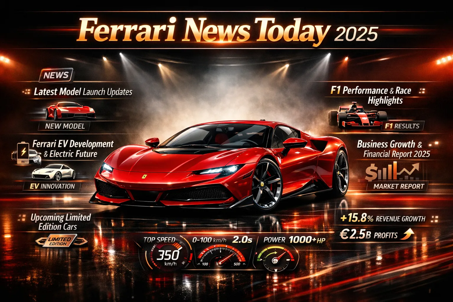 Ferrari News Today 2025 infographic showing latest Ferrari model launches, electric vehicle updates, F1 performance news, business growth updates, and luxury car innovations in a premium cinematic layout.