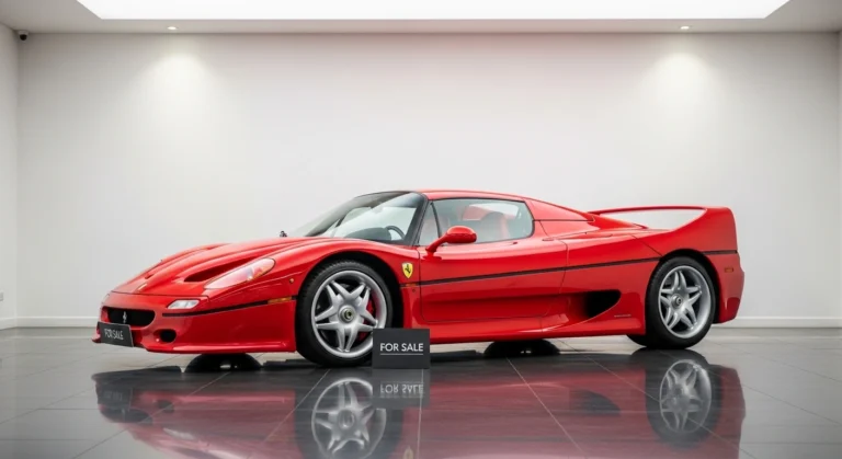 Ferrari F50 for sale infographic showing 2026 prices, auction results, collector market trends, and luxury supercar buyer insights