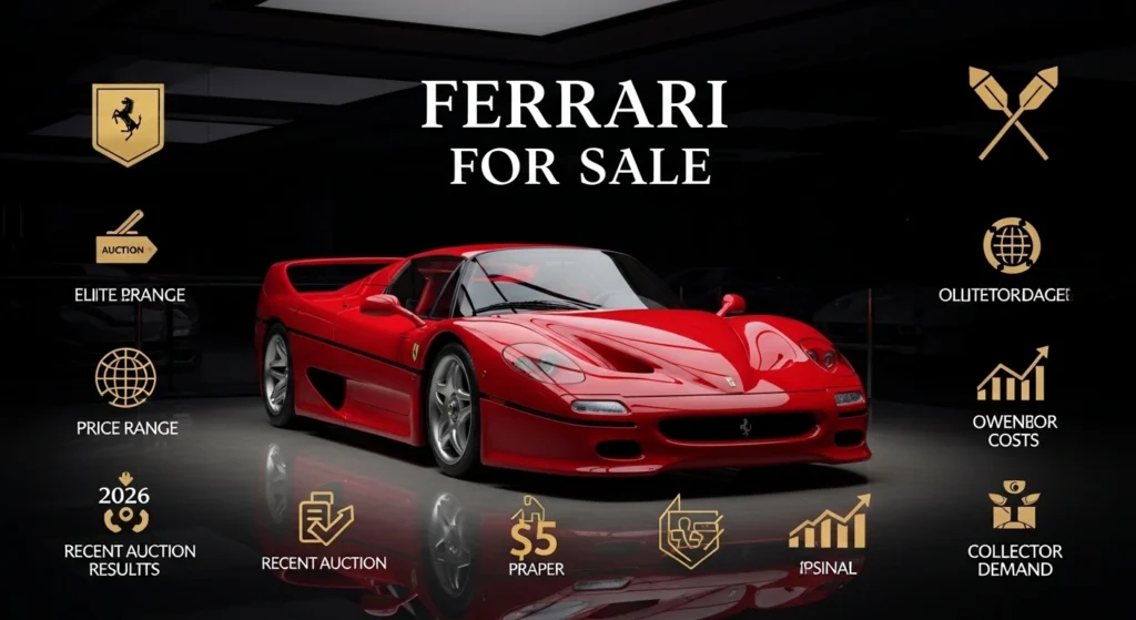 Ferrari F50 for sale infographic showing 2026 prices, auction results, collector market trends, and luxury supercar buyer insights