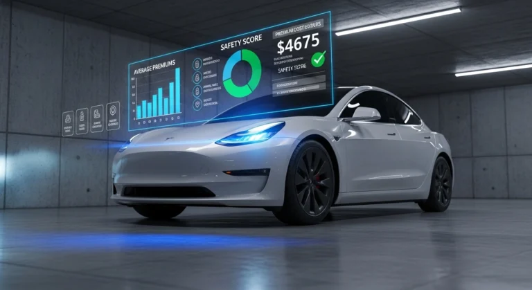 Tesla Model 3 insurance cost infographic showing 2026 average monthly and annual rates, full coverage vs liability, trim-level pricing, and savings tips