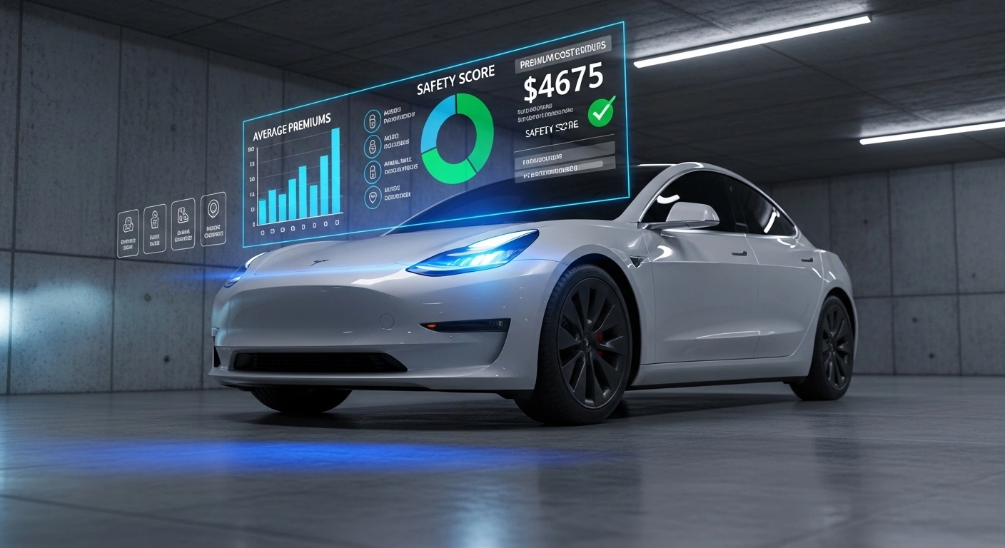 Tesla Model 3 insurance cost infographic showing 2026 average monthly and annual rates, full coverage vs liability, trim-level pricing, and savings tips