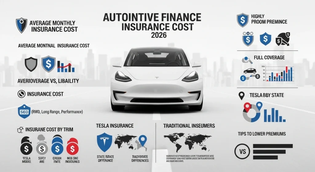 Tesla Model 3 insurance cost infographic showing 2026 average monthly and annual rates, full coverage vs liability, trim-level pricing, and savings tips