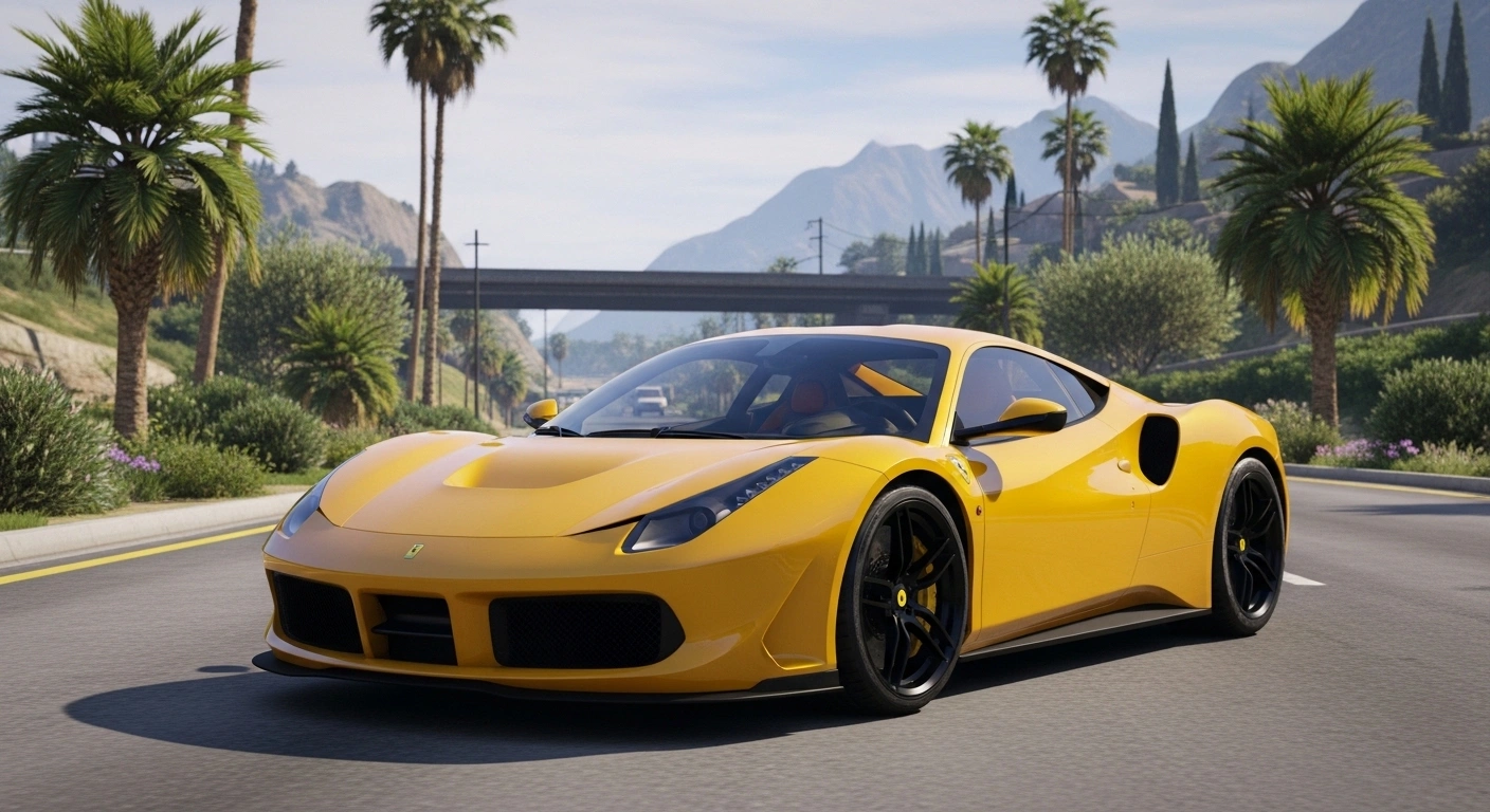 Ferrari GT3 car GTA infographic comparing Grotti Turismo Omaggio, Stinger TT, and Itali RSX in GTA Online 2026