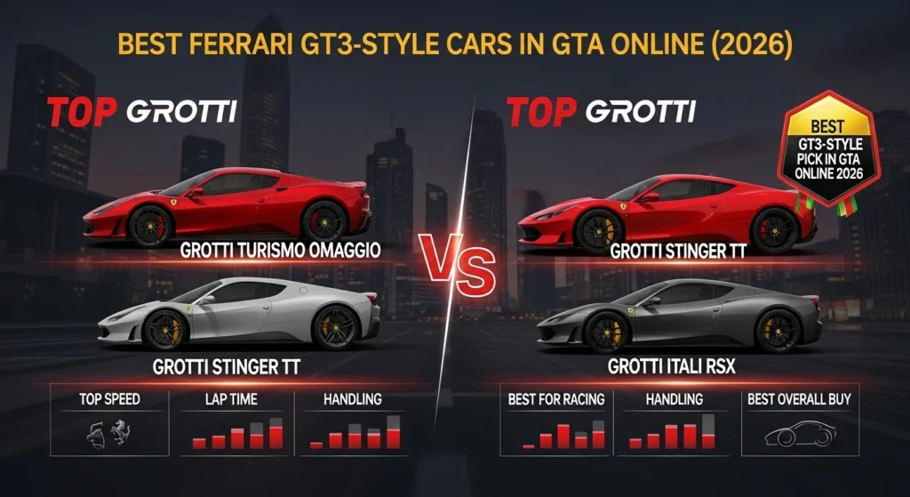 Ferrari GT3 car GTA infographic comparing Grotti Turismo Omaggio, Stinger TT, and Itali RSX in GTA Online 2026