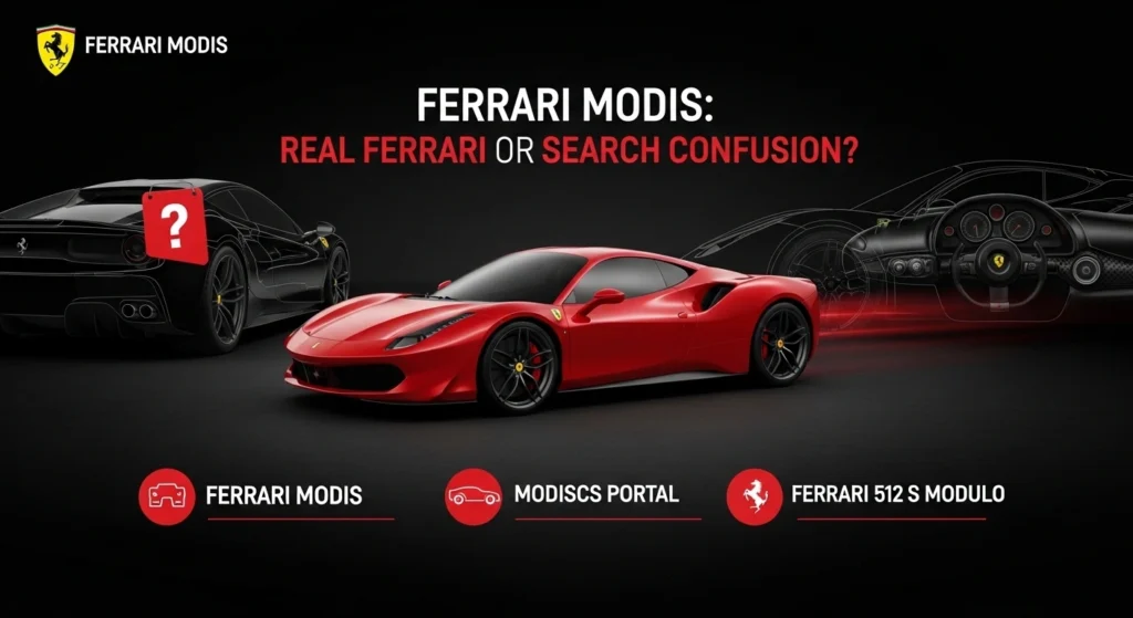 Ferrari Modis infographic explaining whether Ferrari Modis is a real Ferrari, the ModisCS portal connection, and Ferrari 512 S Modulo confusion