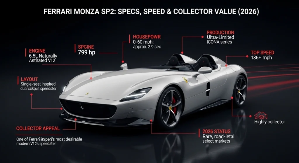 Ferrari Monza SP2 infographic showing specs, horsepower, 0-60 mph, top speed, rarity, and collector value in 2026