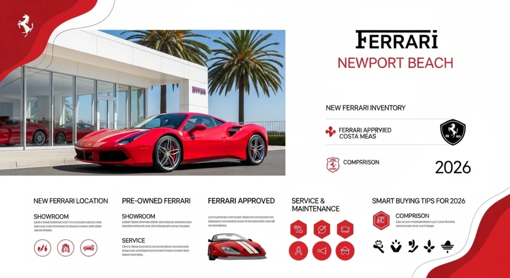 Ferrari Newport Beach infographic showing Ferrari of Newport Beach inventory, pre-owned Ferrari options, service insights, and 2026 buying tips.
