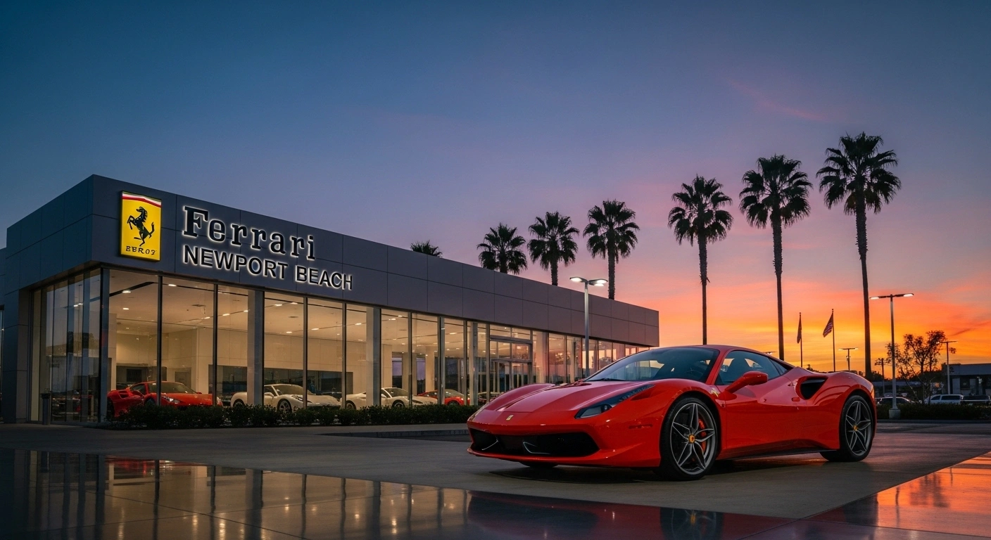 Ferrari Newport Beach infographic showing Ferrari of Newport Beach inventory, pre-owned Ferrari options, service insights, and 2026 buying tips.