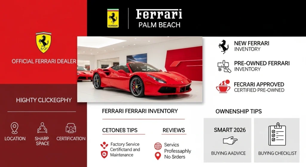Ferrari Palm Beach infographic showing dealer location, inventory, Ferrari Approved certified pre-owned options, service insights, reviews, and 2026 buying tips.