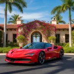 Ferrari Palm Beach infographic showing dealer location, inventory, Ferrari Approved certified pre-owned options, service insights, reviews, and 2026 buying tips.