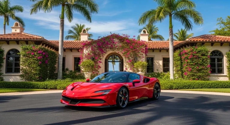 Ferrari Palm Beach infographic showing dealer location, inventory, Ferrari Approved certified pre-owned options, service insights, reviews, and 2026 buying tips.