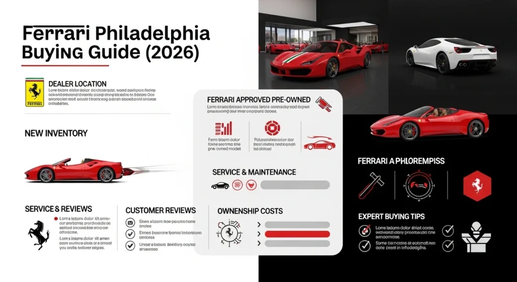 Ferrari Philadelphia buying guide infographic showing dealer location, inventory, Ferrari Approved pre-owned models, service, reviews, and ownership costs in 2026.
