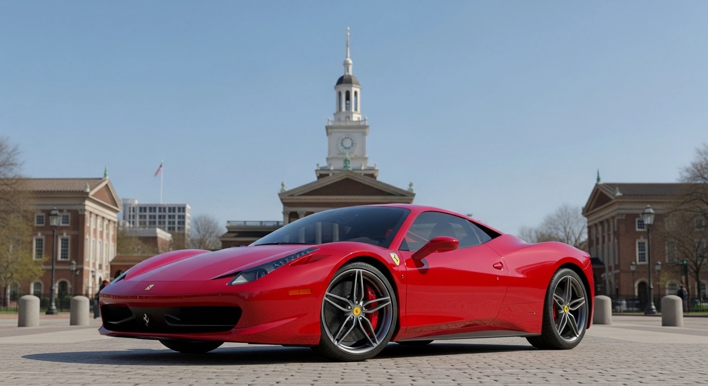 Ferrari Philadelphia buying guide infographic showing dealer location, inventory, Ferrari Approved pre-owned models, service, reviews, and ownership costs in 2026.
