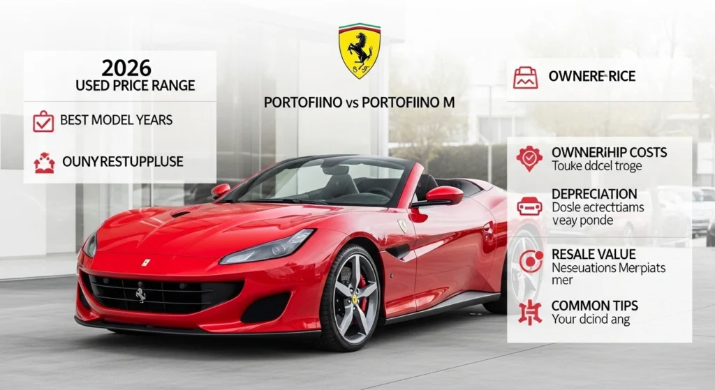 Ferrari Portofino for sale buyer guide infographic showing 2026 used prices, best model years, Portofino vs Portofino M, ownership costs, and resale tips.