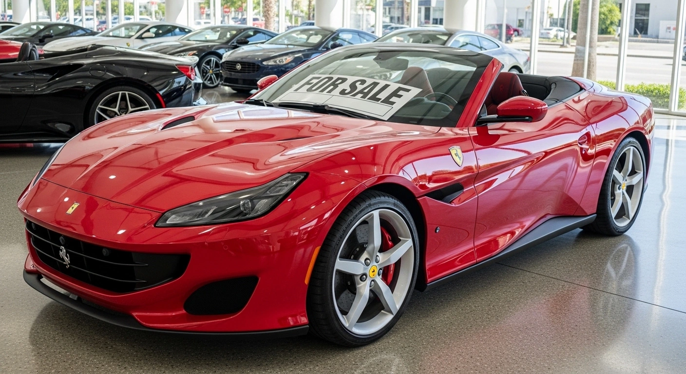 Ferrari Portofino for sale buyer guide infographic showing 2026 used prices, best model years, Portofino vs Portofino M, ownership costs, and resale tips.