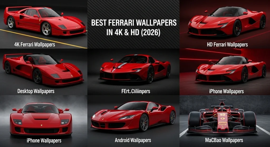 Best wallpapers of Ferrari in 4K and HD featuring Ferrari F40, LaFerrari, SF90, Daytona SP3, Ferrari F1, and desktop plus iPhone backgrounds.