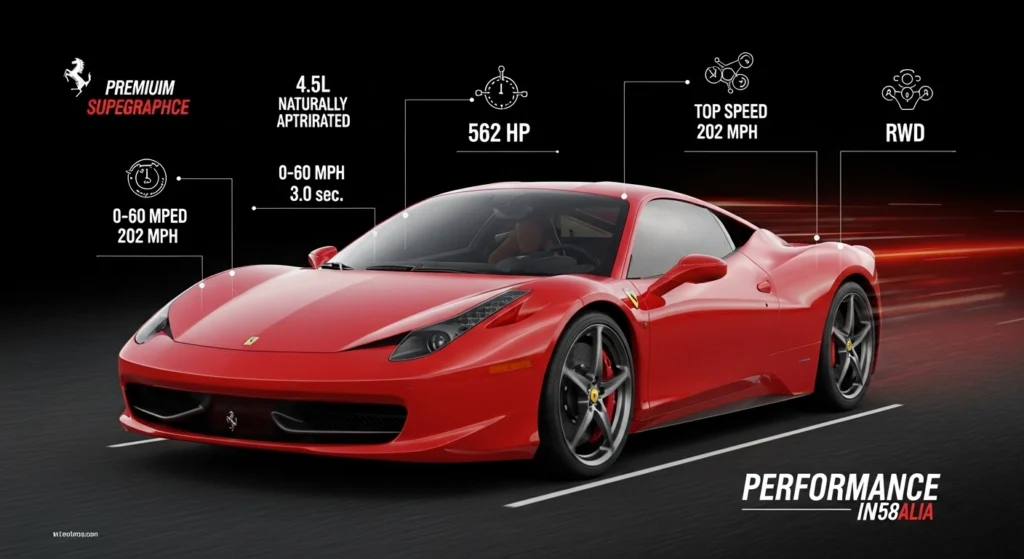 2015 Ferrari 458 Italia infographic showing specs, horsepower, 0-60 mph, top speed, and performance details in a 2026 buyer’s guide
