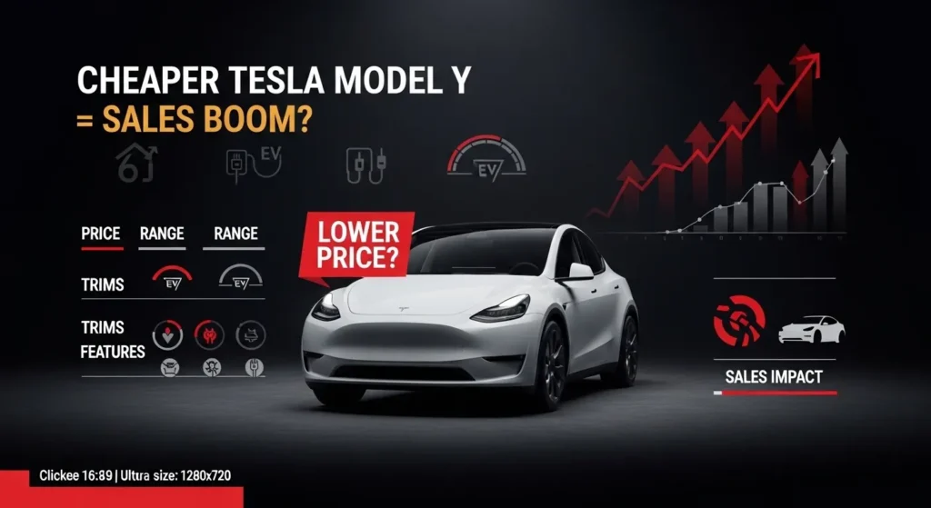 Tesla cheaper Model Y sales boost infographic showing 2026 pricing, trims, range, features, and potential impact on Tesla EV sales growth.