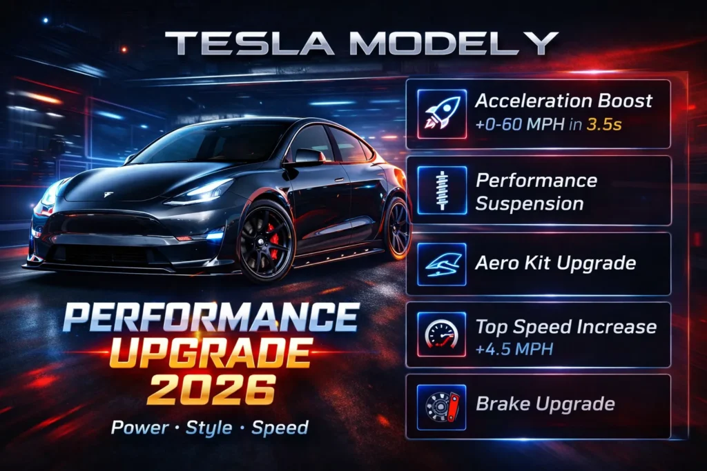 Tesla Model Y performance upgrade infographic thumbnail with lowered stance, red brake calipers, aero kit upgrades, and performance specs displayed in a futuristic design.
