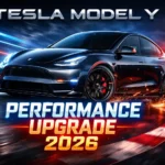 Tesla Model Y performance upgrade infographic thumbnail with lowered stance, red brake calipers, aero kit upgrades, and performance specs displayed in a futuristic design.