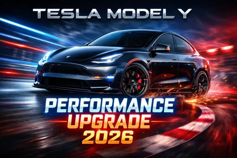 Tesla Model Y performance upgrade infographic thumbnail with lowered stance, red brake calipers, aero kit upgrades, and performance specs displayed in a futuristic design.
