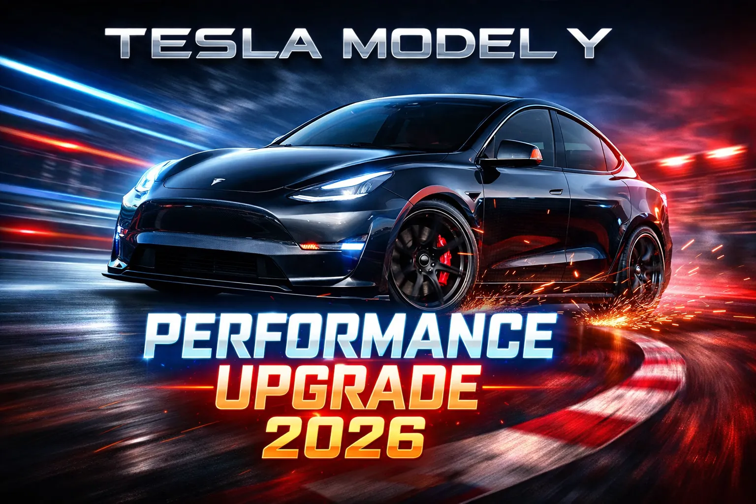 Tesla Model Y performance upgrade infographic thumbnail with lowered stance, red brake calipers, aero kit upgrades, and performance specs displayed in a futuristic design.