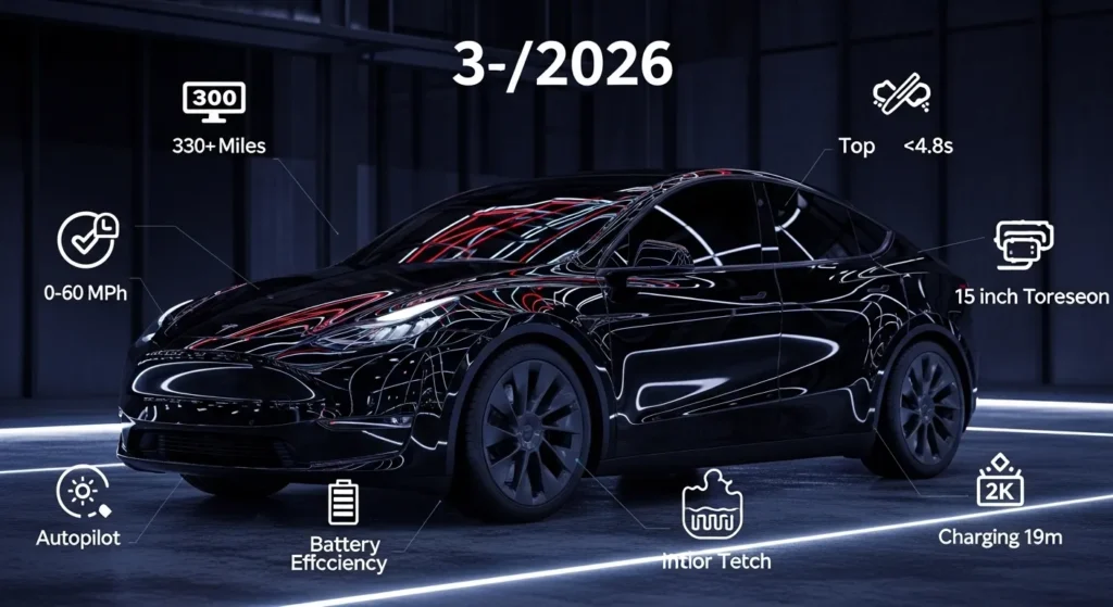 Black Tesla Model Y 2026 infographic showing specs, range, performance, and key features in a sleek futuristic design.