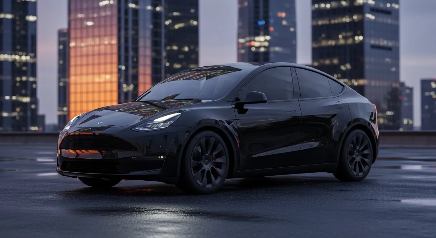 Black Tesla Model Y 2026 infographic showing specs, range, performance, and key features in a sleek futuristic design.