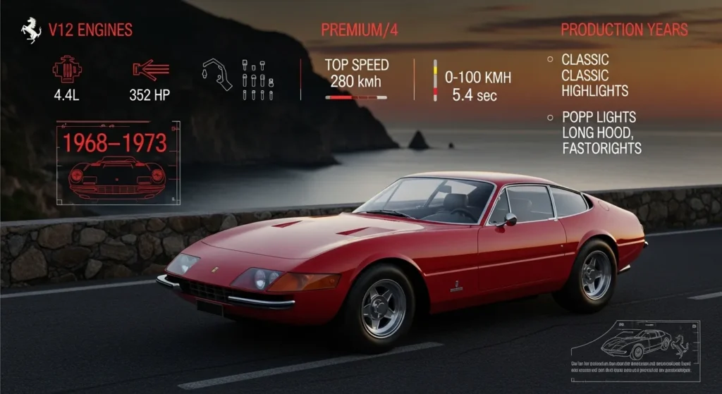 Ferrari 365 GTB/4 Daytona infographic showing V12 specs, performance stats, design features, and classic styling details.