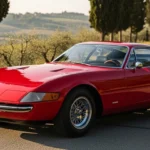 Ferrari 365 GTB/4 Daytona infographic showing V12 specs, performance stats, design features, and classic styling details.