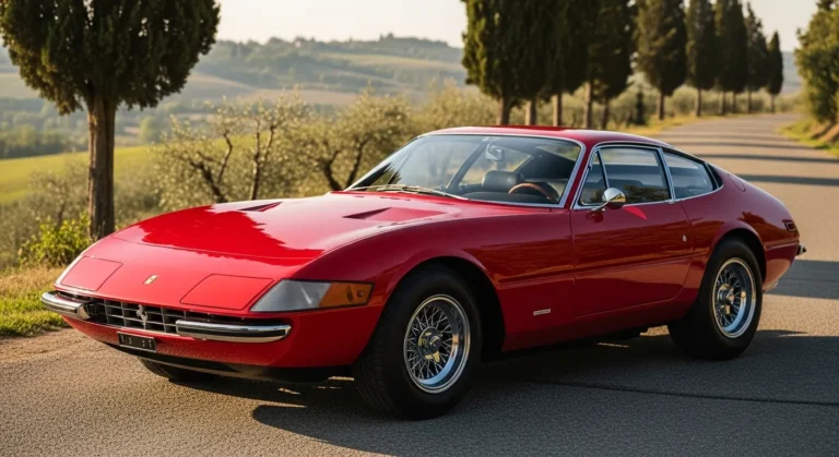 Ferrari 365 GTB/4 Daytona infographic showing V12 specs, performance stats, design features, and classic styling details.