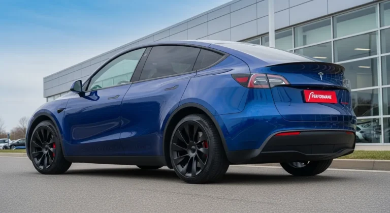 Infographic of Tesla Model Y Performance 2026 showing price, real-world range, acceleration, charging time, features, and EV comparison insights