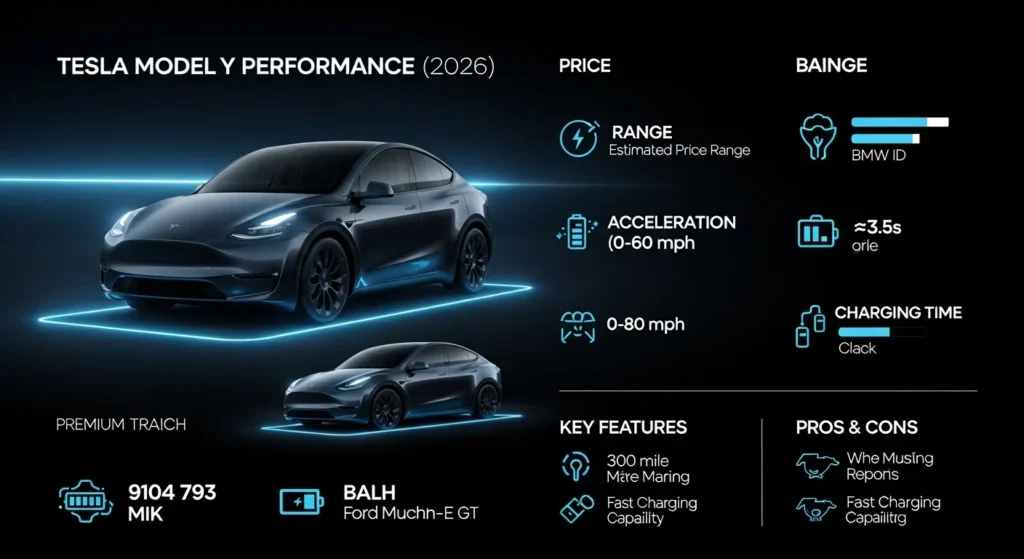 Infographic of Tesla Model Y Performance 2026 showing price, real-world range, acceleration, charging time, features, and EV comparison insights