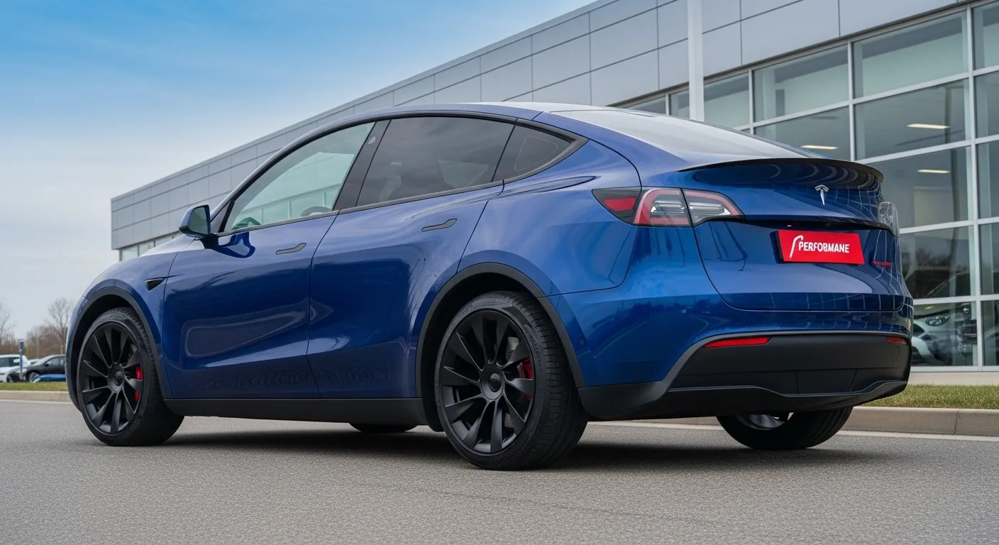 Infographic of Tesla Model Y Performance 2026 showing price, real-world range, acceleration, charging time, features, and EV comparison insights