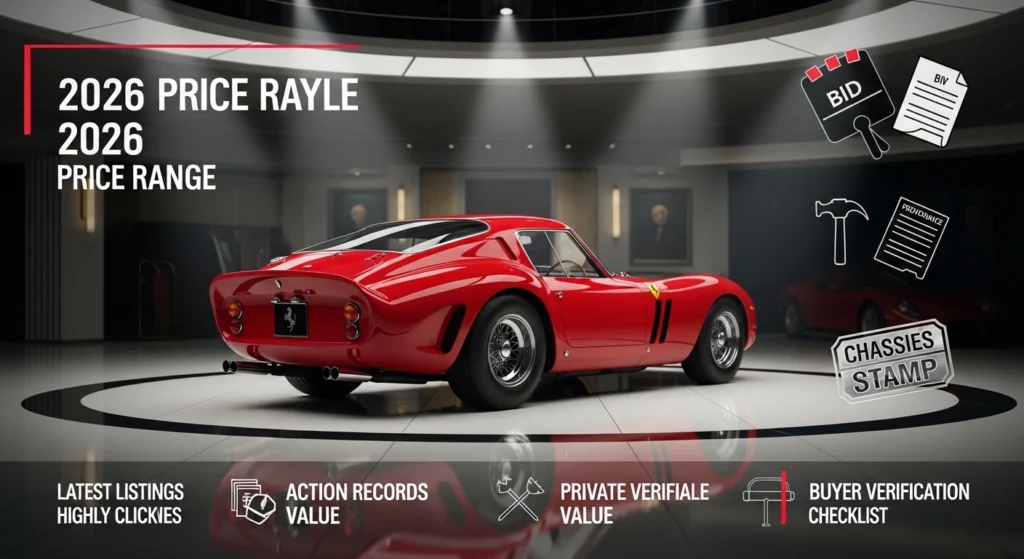 Ferrari 250 GTO for sale infographic showing 2026 price, auction records, latest listings, private sale value, and buyer verification tips