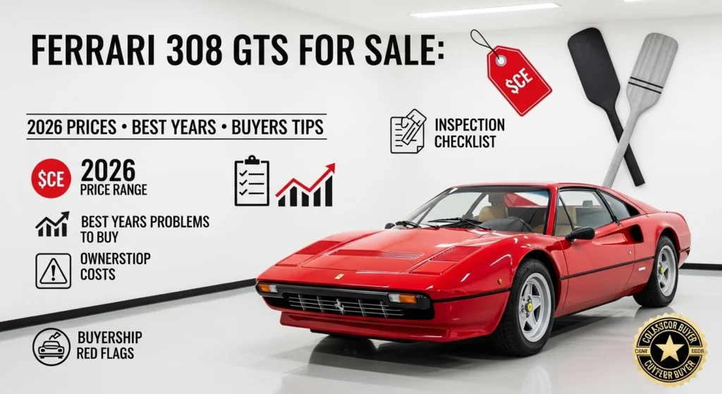 Ferrari 308 GTS for sale infographic showing 2026 prices, best years to buy, common problems, ownership costs, and buyer inspection tips