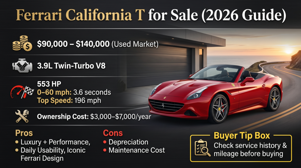 Ferrari California T for sale infographic showing 2026 price range, specs, performance, and ownership cost details