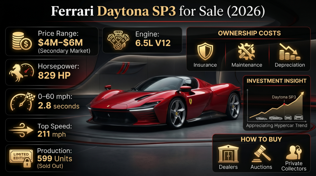 Ferrari Daytona SP3 for sale infographic showing price, specs, ownership costs, and buying guide for this ultra-rare hypercar in 2026