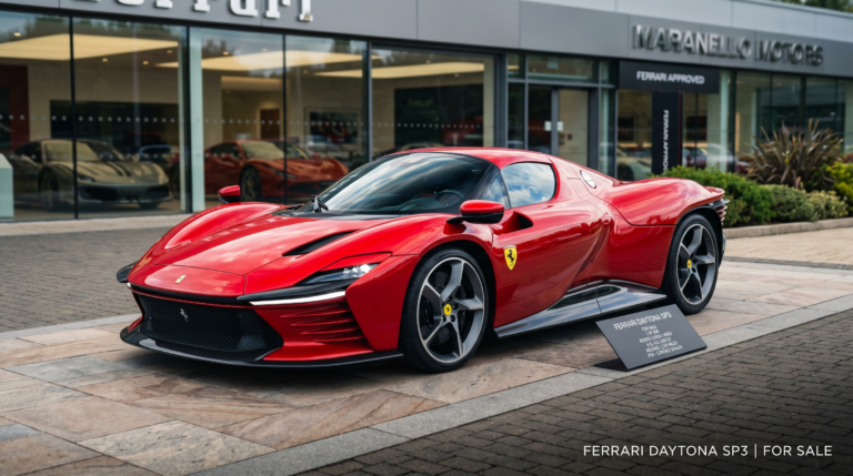 Ferrari Daytona SP3 for sale infographic showing price, specs, ownership costs, and buying guide for this ultra-rare hypercar in 2026