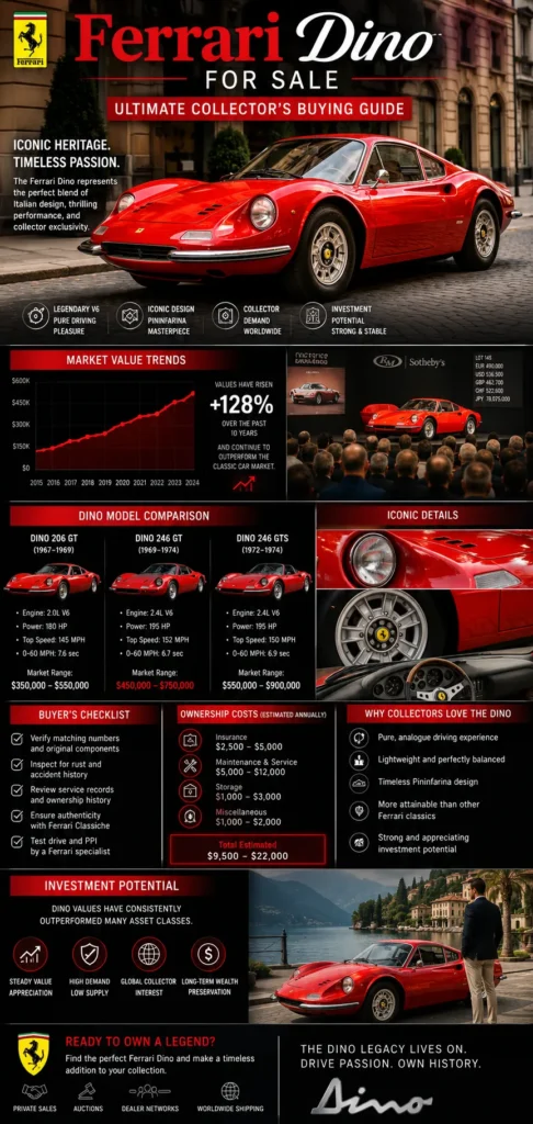 Ferrari Dino for sale infographic showing classic Ferrari Dino pricing trends, collector buying tips, model comparisons, ownership costs, and investment potential.