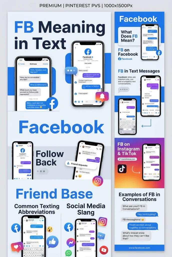 FB Meaning in Text infographic explaining Facebook, Follow Back, texting slang meanings, social media abbreviations, and examples used in chats and online conversations.